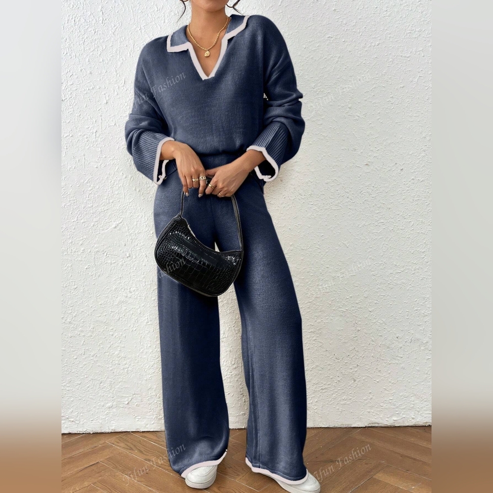2pcs Contrast Color Splice Long Sleeve Simple Top And Pants Casual Set - Picture 4 of 6